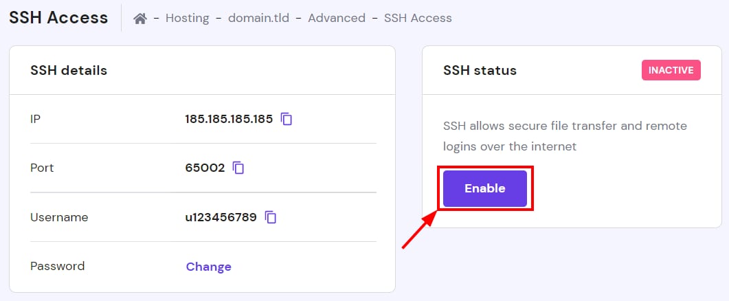 Hostinger SSH Access page with the Enable button highlighted in the SSH status panel