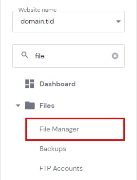 Hostinger panel File Manager option highlighted in the Files menu