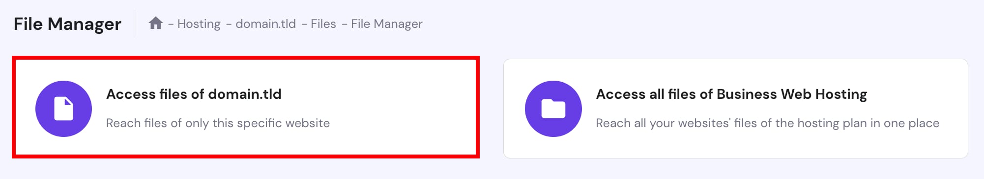 Hostinger File Manager option to access files of domain.tld, highlighted