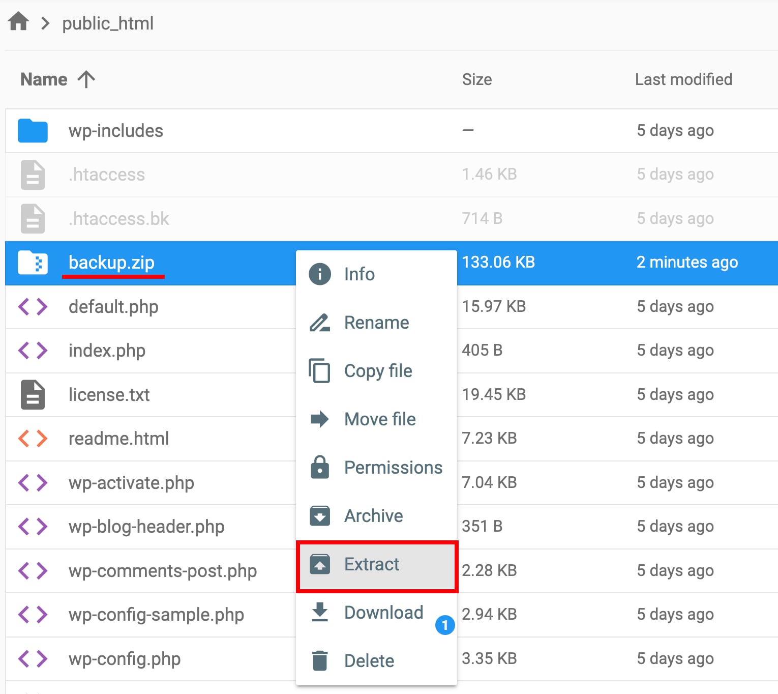 Hostinger File Manager context menu open on backup.zip, with Extract highlighted