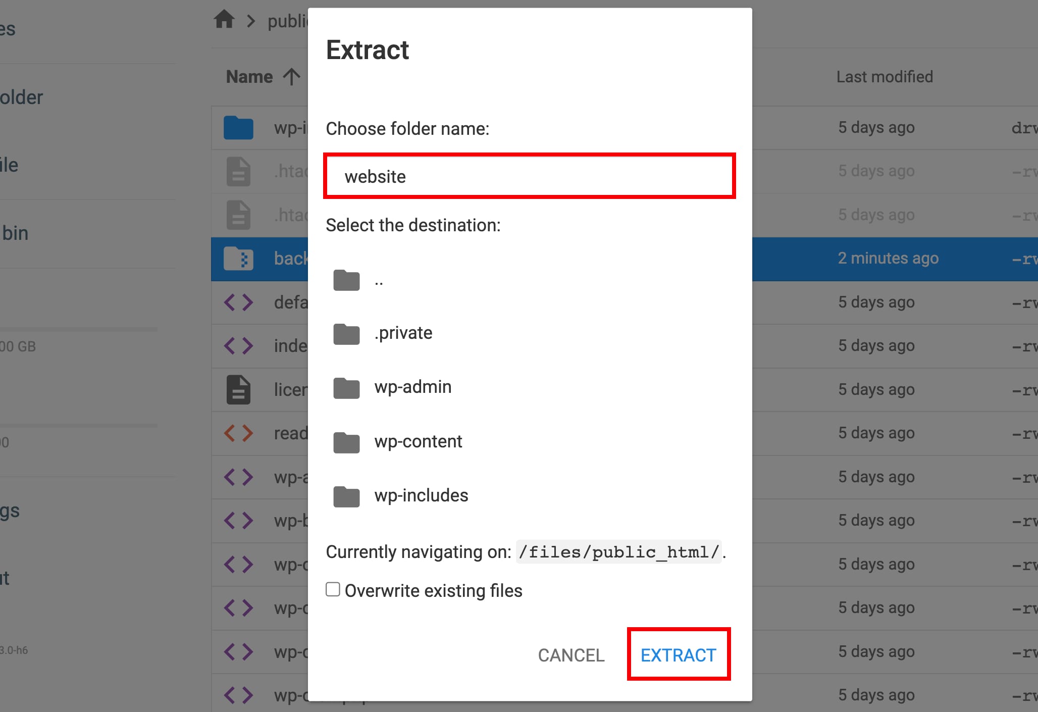 Hostinger File Manager extract dialog with the folder name field highlighted and Extract button selected