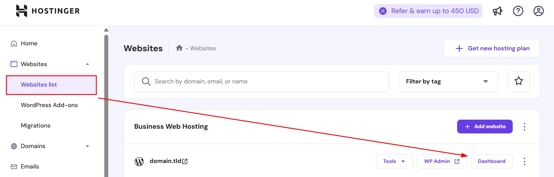 Hostinger Websites list highlighted in sidebar, pointing to website dashboard