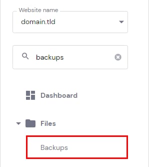 Hostinger hPanel sidebar with Backups highlighted under Files