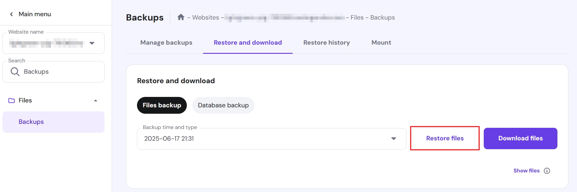 Hostinger backups page with Restore files button highlighted in Restore and download tab