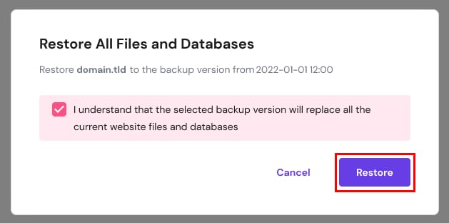 Hostinger backup restore dialog with the Restore button highlighted