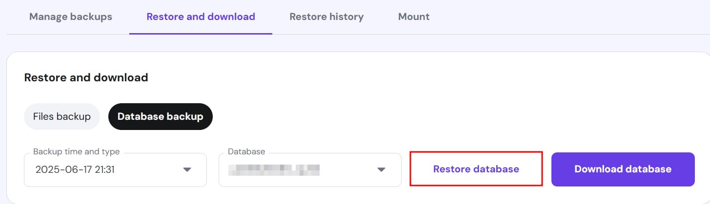 Hostinger backups page with the Restore database button highlighted