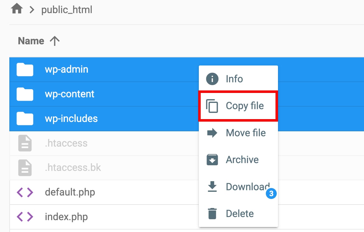 Hostinger file manager context menu with Copy file option highlighted