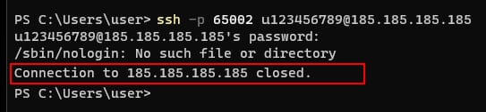 SSH terminal showing “Connection to 185.185.185.185 closed” after “No such file or directory” error
