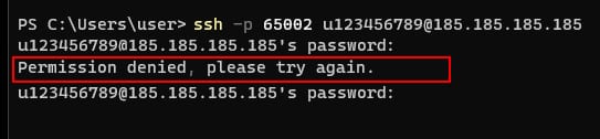 SSH terminal showing "Permission denied, please try again." after a password prompt