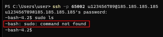 Terminal showing highlighted error: bash sudo command not found after SSH login
