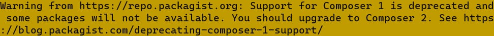 Composer warning banner about deprecated Composer 1 support and upgrade to Composer 2