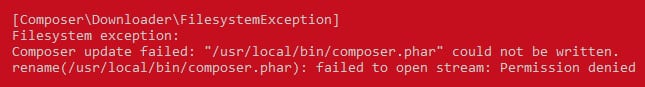 Composer filesystem permission denied error message in a red terminal window