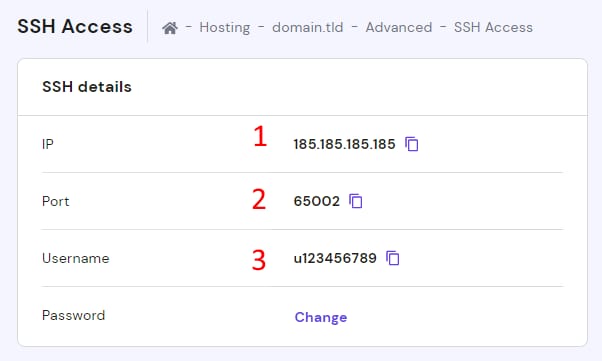 Hostinger SSH Access showing SSH details: IP, port, username, and password change option