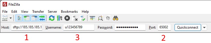 FileZilla Quickconnect bar with host, username, password, and port fields highlighted