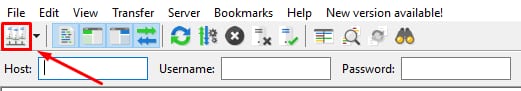 FileZilla toolbar and host field highlighted for SFTP connection setup