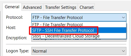 SFTP protocol selected in a host connection settings dropdown