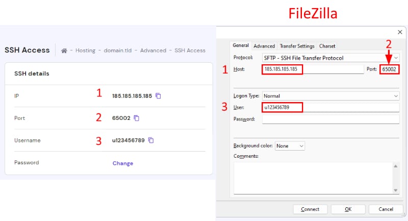 Hostinger SSH Access and FileZilla SFTP setup showing host, port, and username fields highlighted