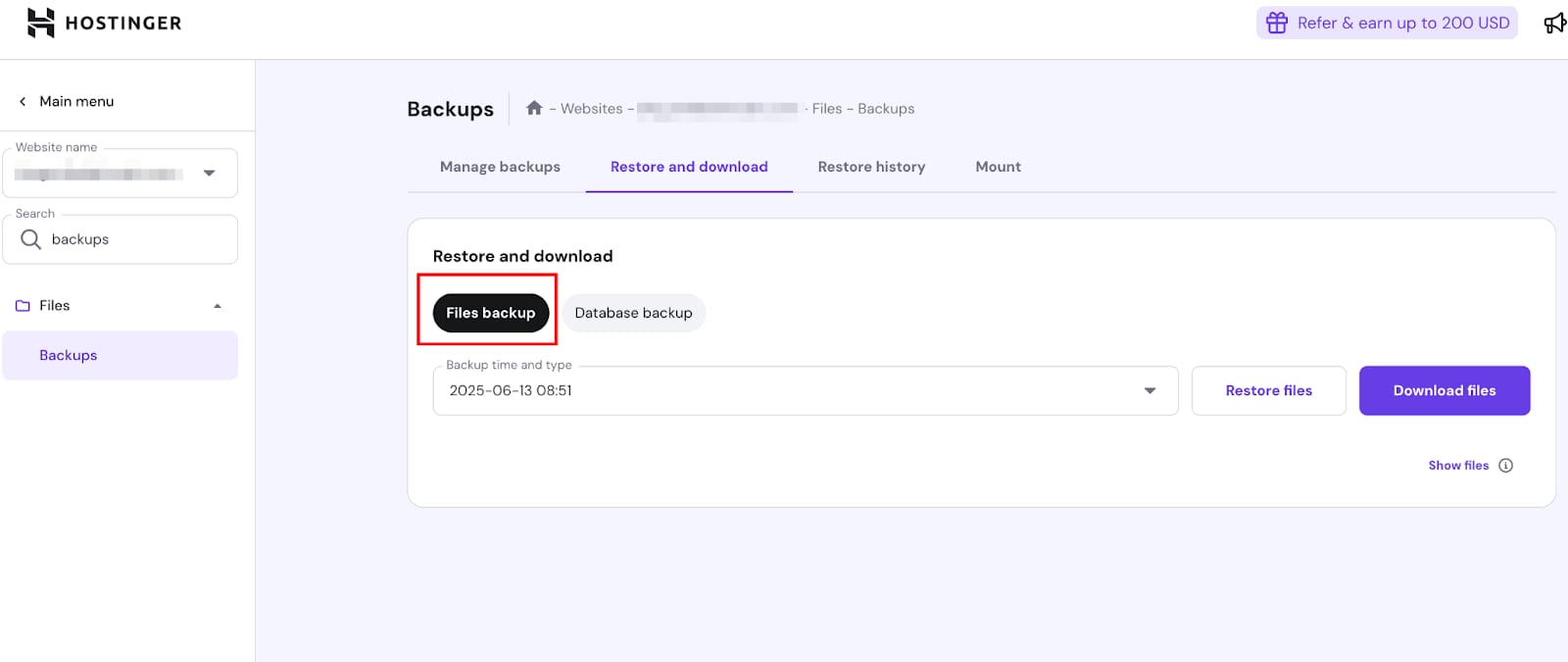 Hostinger backups page with Files backup tab highlighted in Restore and download section