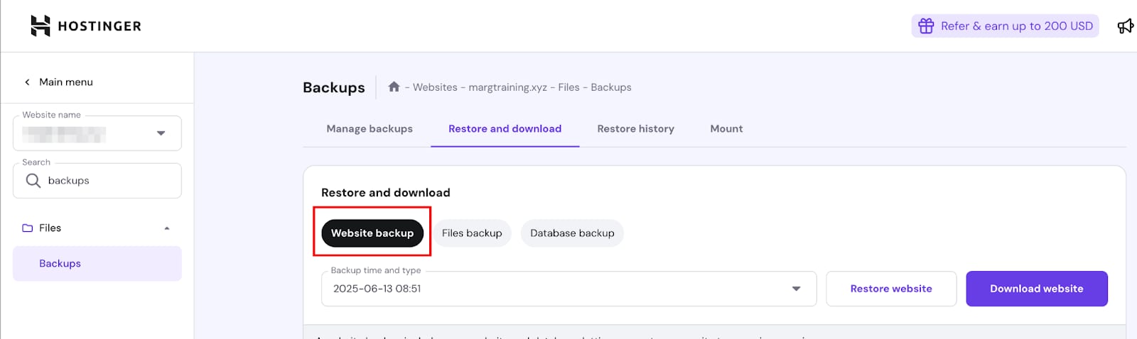 Hostinger backups page with Website backup tab highlighted under Restore and download