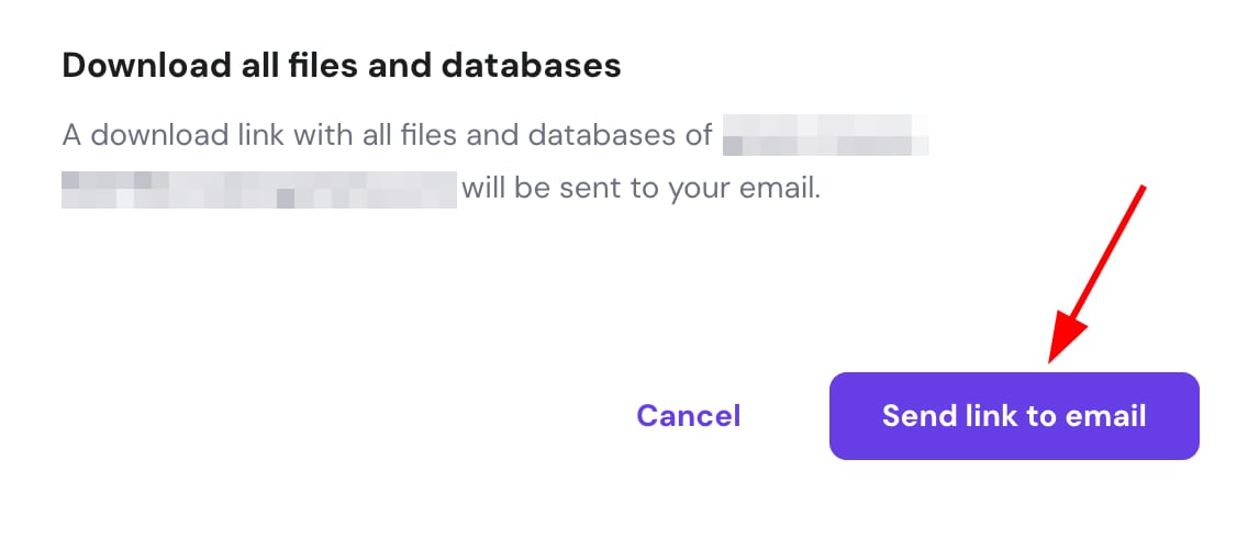 Hostinger backup dialog with Send link to email button highlighted