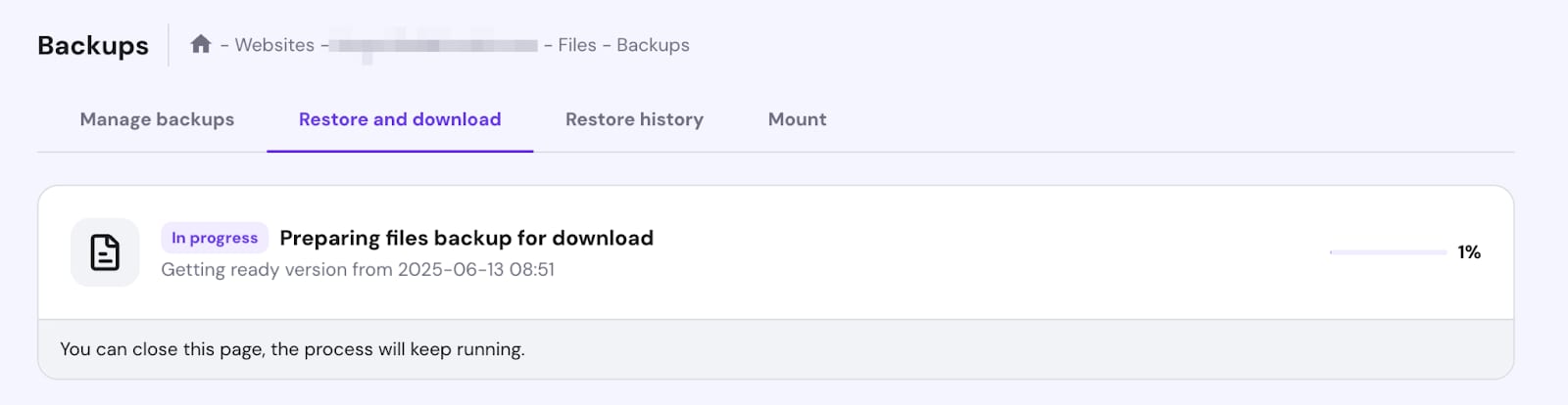 Hostinger backups page with Restore and download tab selected, preparing files backup for download at 1%