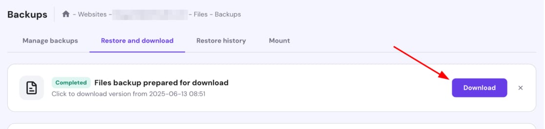 Hostinger backups page with the Download button highlighted in the restore and download tab