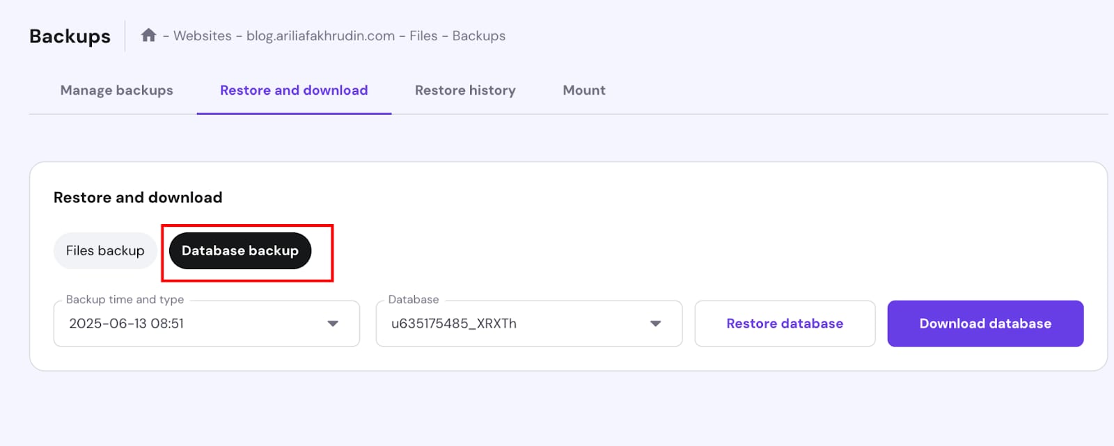 Hostinger backups page with Database backup tab selected in Restore and download section