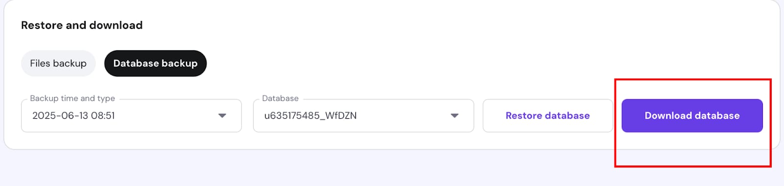 Hostinger database backup page with the Download database button highlighted