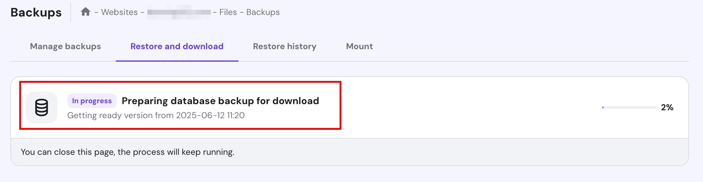 Hostinger backups: preparing database backup for download, in progress at 2%