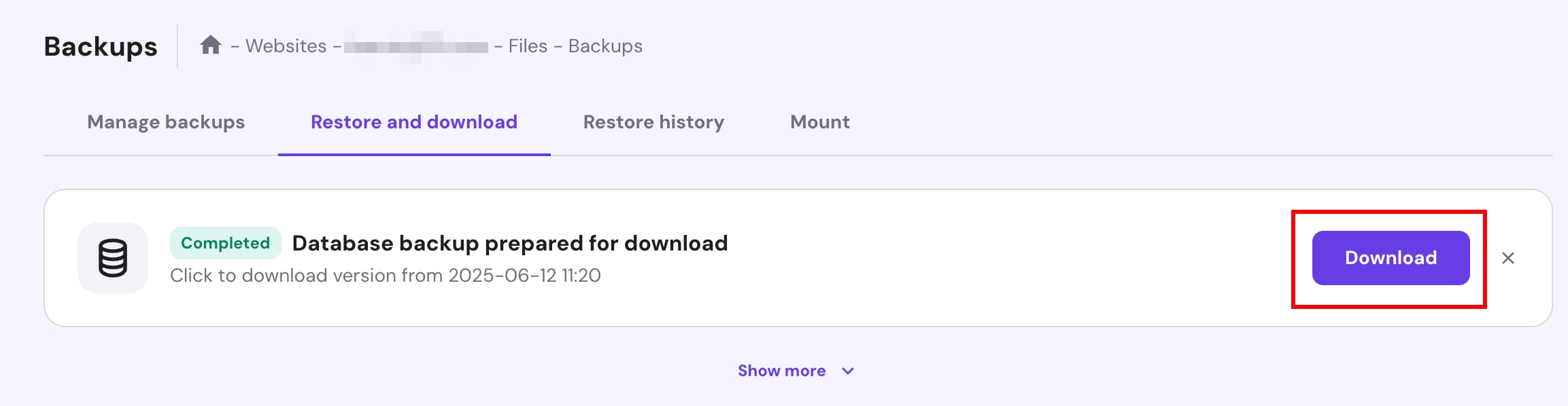 Hostinger Backups page with the Download button highlighted in the restore and download tab