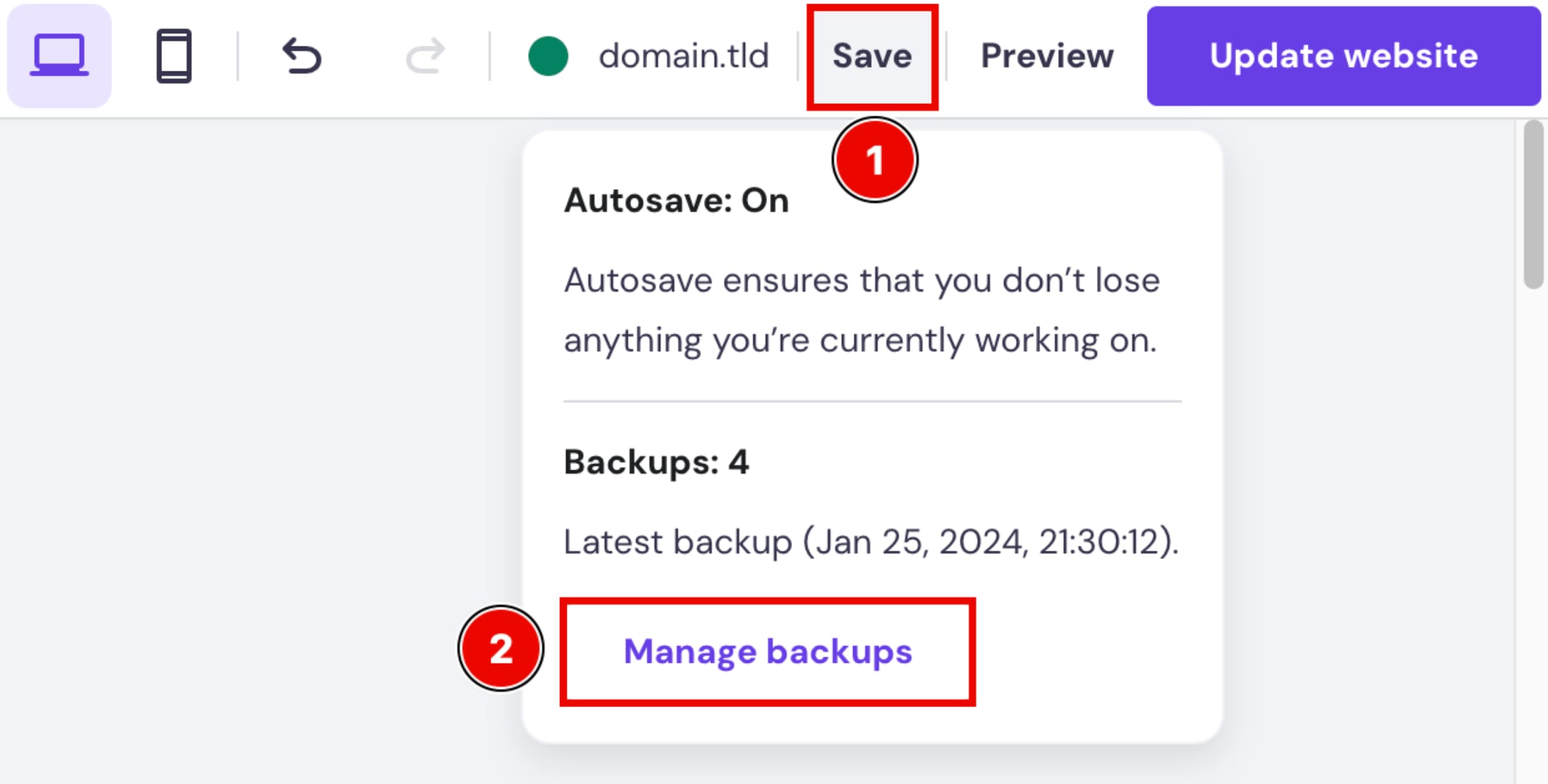 Hostinger Website Builder save menu with Manage backups highlighted