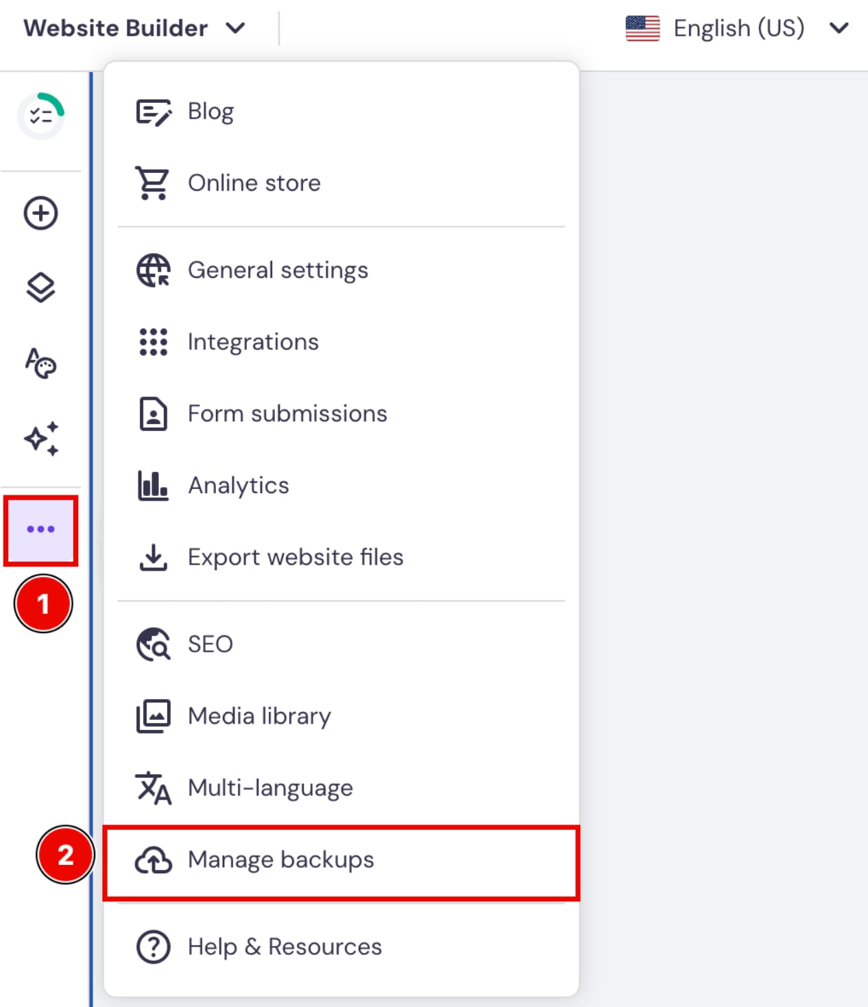 Website Builder menu with Manage backups highlighted in the More options panel