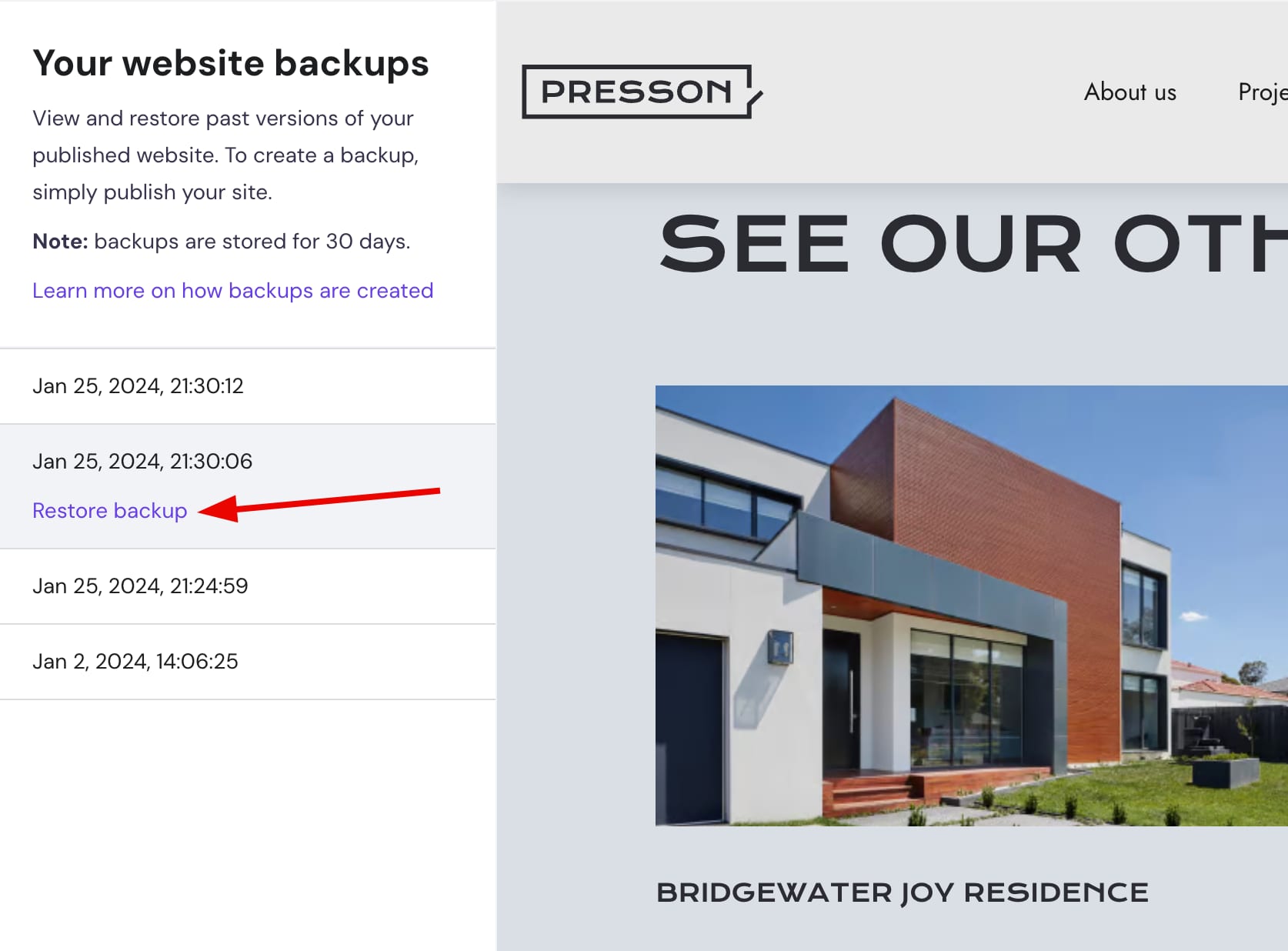 Hostinger Website Builder backups list with the Restore backup link highlighted
