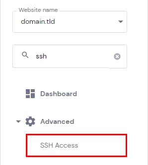 Hostinger hPanel Advanced menu with SSH Access highlighted