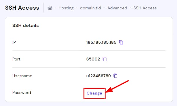 SSH Access page showing the highlighted Change button for the SSH password