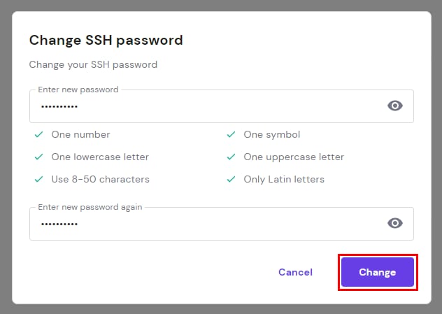 SSH password change dialog with the Change button highlighted