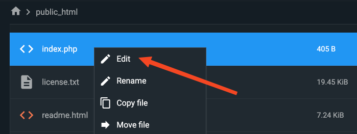 Hostinger file manager with the Edit option highlighted in the file menu