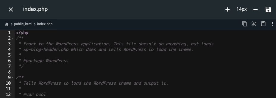 Hostinger file editor showing the index.php WordPress file open in code view