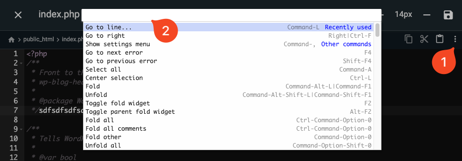 Hostinger file editor with command shortcuts popup open, showing "Go to line..." highlighted