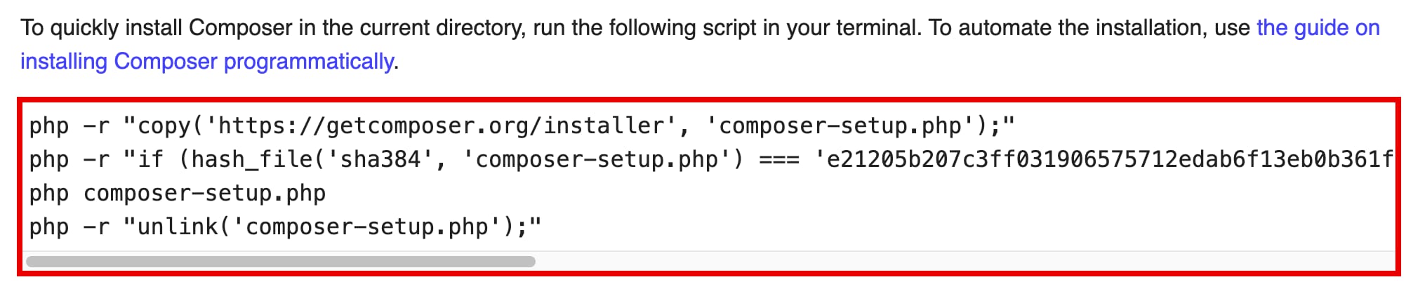 Composer install terminal commands in a code block, with the script area highlighted in red