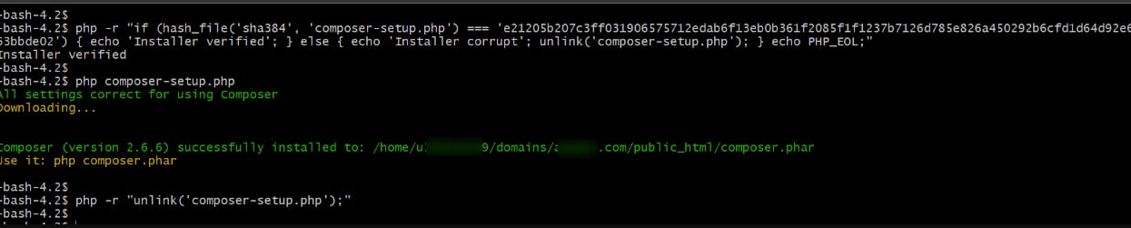 Hostinger terminal showing Composer 2.6.6 successfully installed to public_html/composer.phar