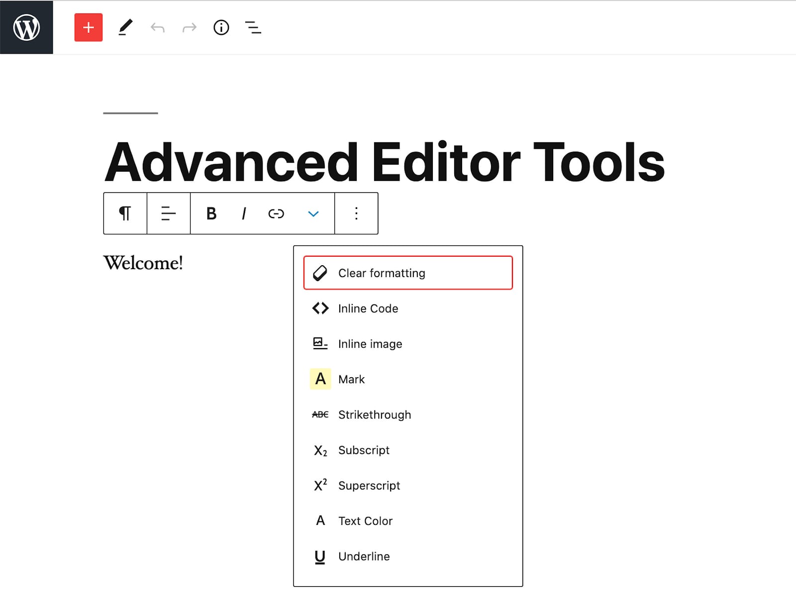 WordPress editor toolbar with the Clear formatting option highlighted in the dropdown menu