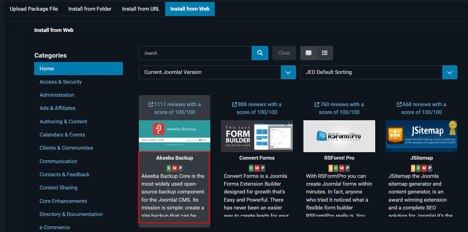 Akeeba Backup extension highlighted in Joomla Install from Web page
