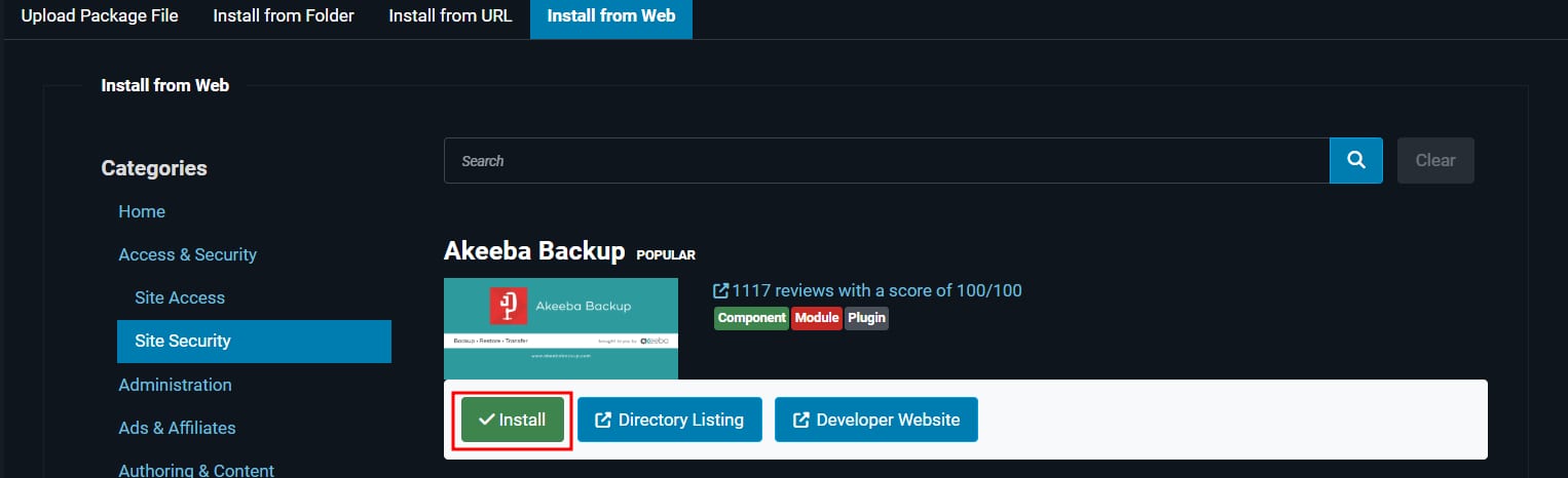 Joomla Akeeba Backup install button highlighted in the Hostinger installer