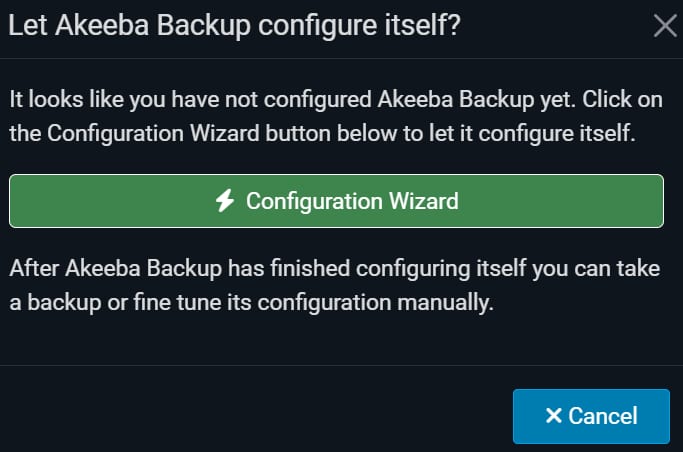 Akeeba Backup setup popup with the Configuration Wizard button highlighted