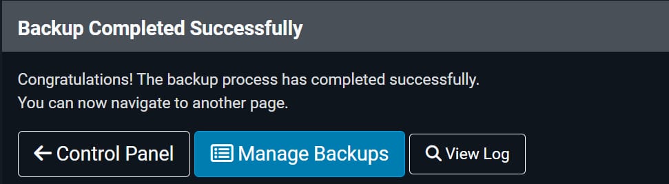 Backup completed successfully screen with Manage Backups button highlighted in Hostinger control panel
