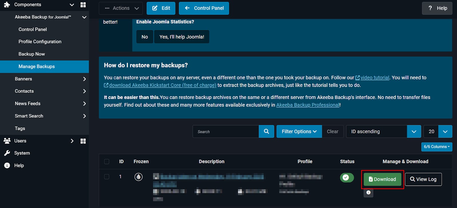 Akeeba Backup for Joomla: highlighted Download button in Manage Backups table