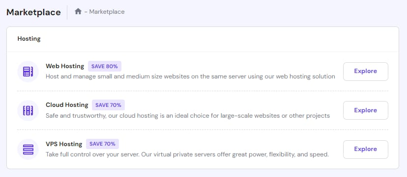 Hosting marketplace with Web Hosting, Cloud Hosting, and VPS Hosting options to explore