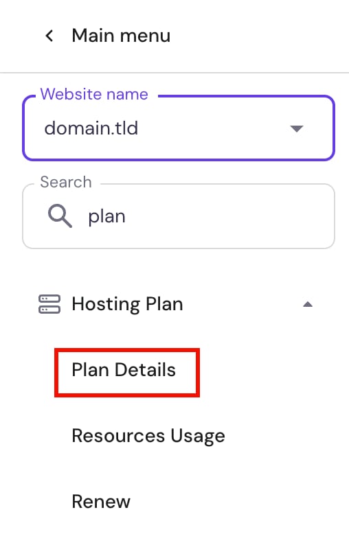 Hosting Plan menu with Plan Details highlighted