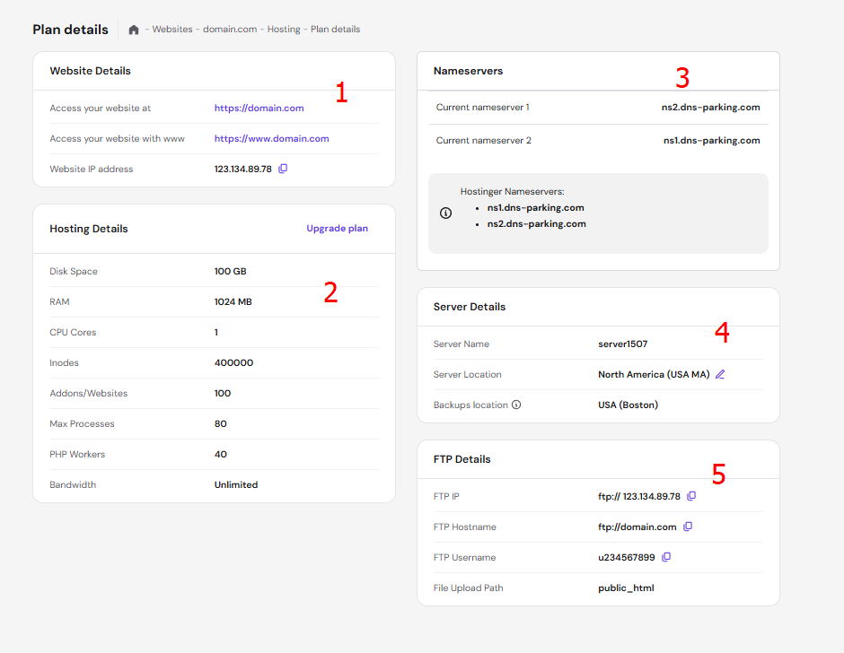Hostinger plan details dashboard with website, hosting, nameserver, server, and FTP details panels